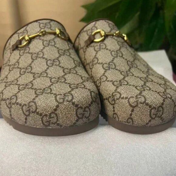 Gucci Brown Monogram Slides with Gold Accent - Picture 2 of 6